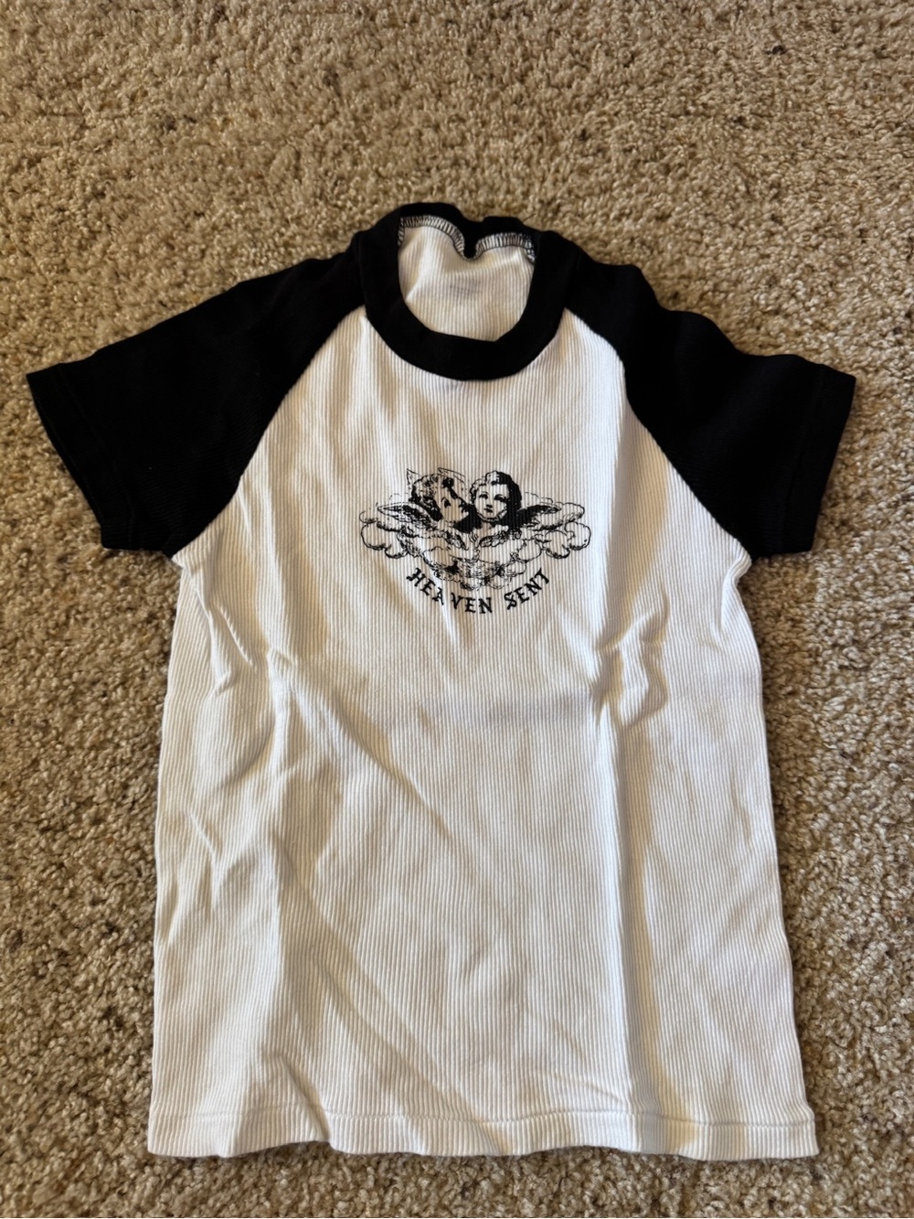 Brandy Melville Black & White Raglan Tee with Angel Graphic